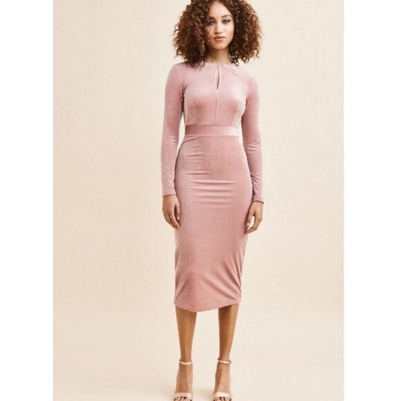 Dynamite Pink Ribbed Velvet Midi Dress – Long Sleeve Bodycon - Picture 2 of 15